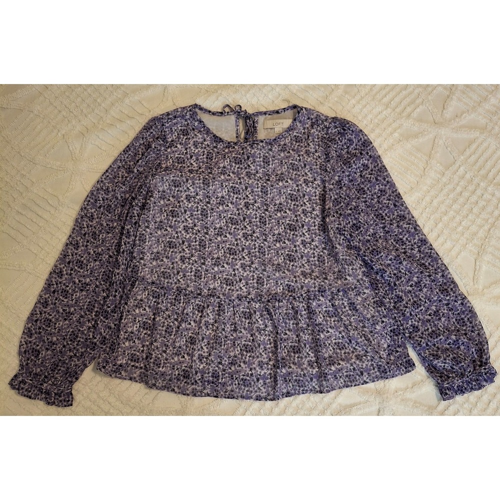 LOFT Womens Small Blouse Purple Floral Peplum Long Sleeve‎ Keyhole Tie Back Top